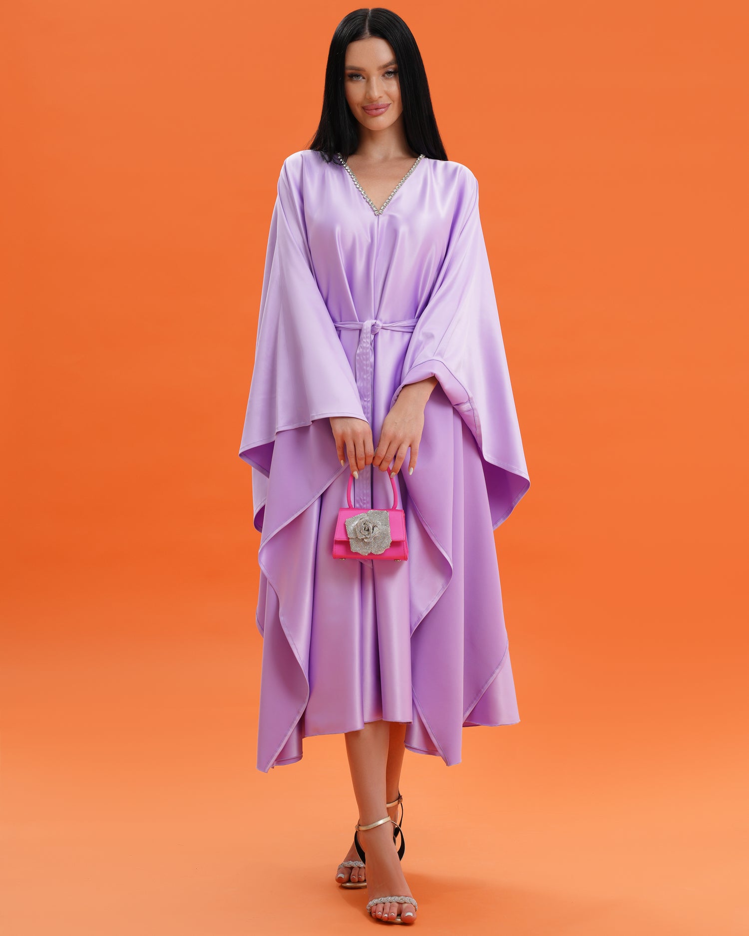 Apatite Lavender Satin Kimono Dress – Elegant & Sophisticated
