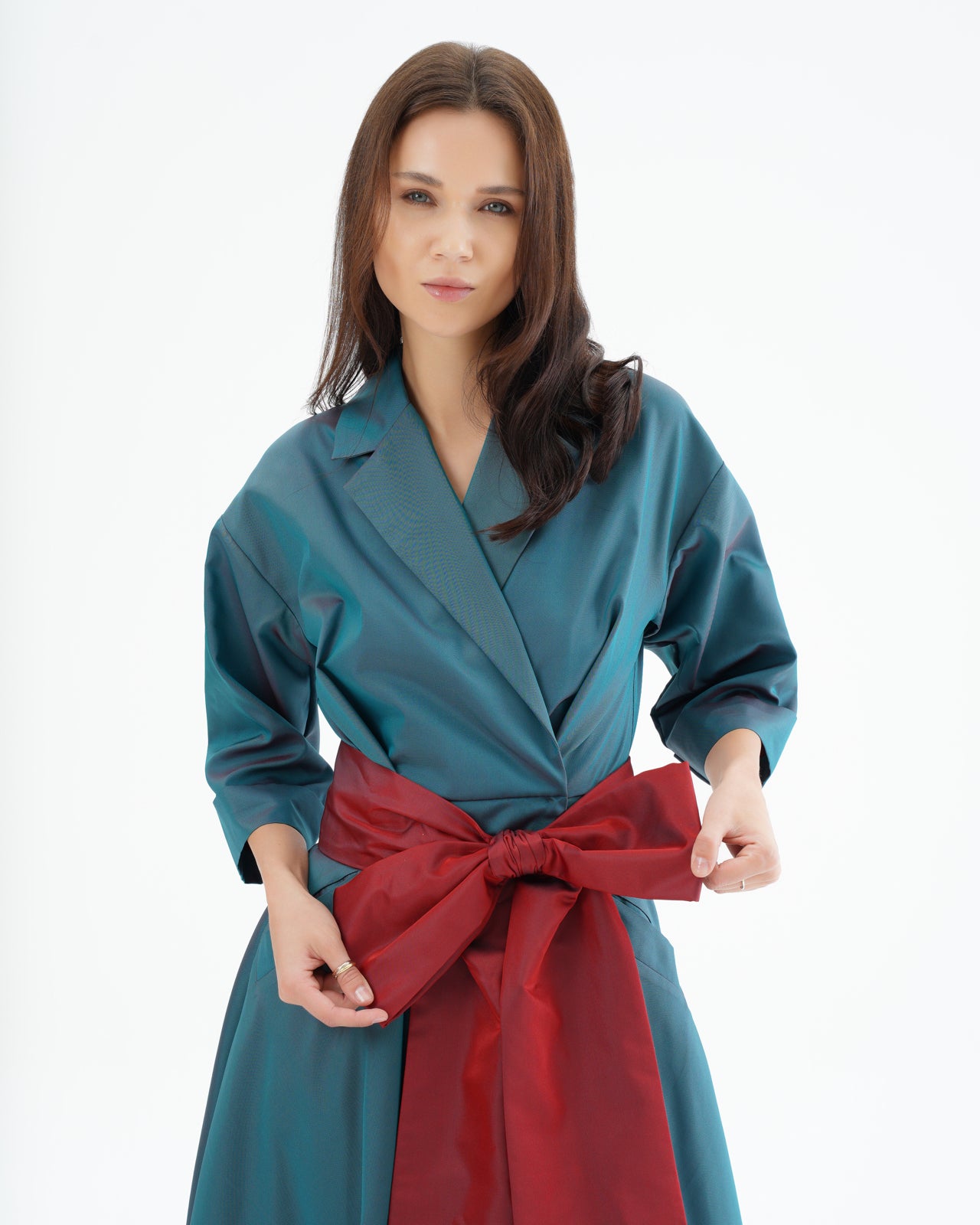 Ganymede Emerald Green Taffeta Gown with Red Bow Belt Solo.io Ganymede Emerald Green Taffeta Gown with Red Bow Belt Solo.io